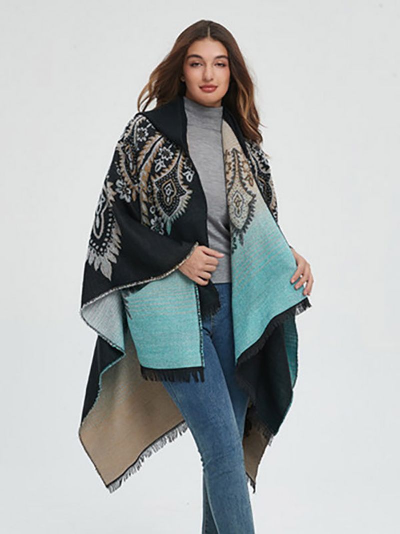 Kvinnor Poncho Tryckt Hooded Röd Oversized Fringe Cape - Svart