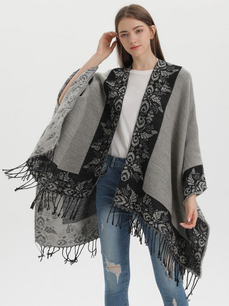 Kvinnors Bohemian Fringe Cape Printed Oversized Höst Vinter Ponchos