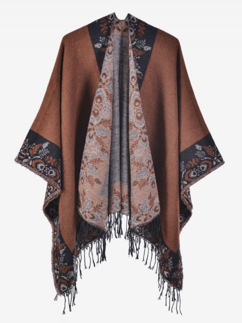 Kvinnors Bohemian Fringe Cape Printed Oversized Höst Vinter Ponchos - Kaffe Brun