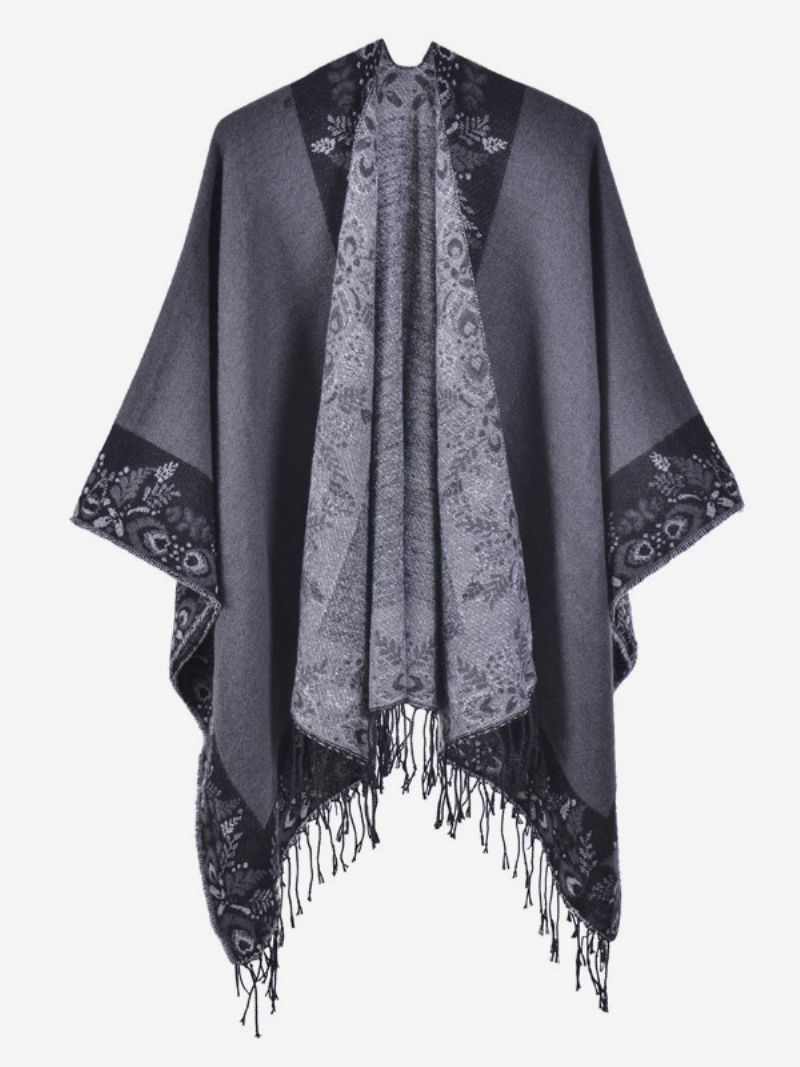 Kvinnors Bohemian Fringe Cape Printed Oversized Höst Vinter Ponchos - Grå