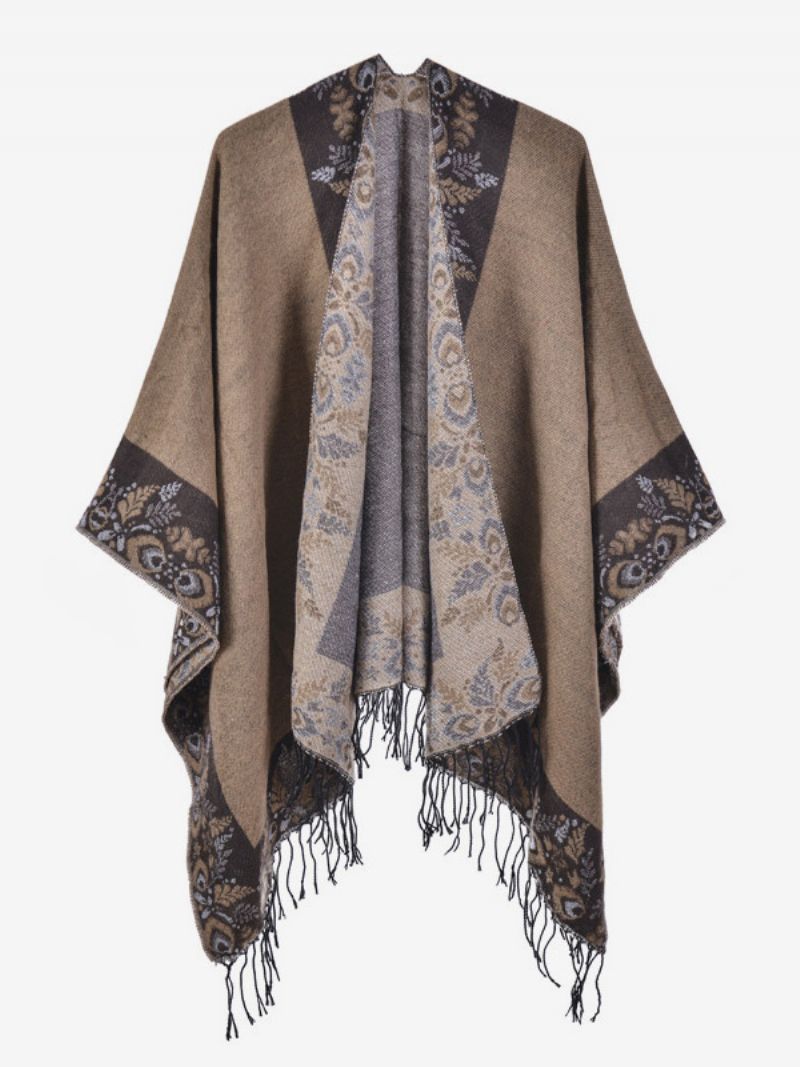 Kvinnors Bohemian Fringe Cape Printed Oversized Höst Vinter Ponchos - Kamel