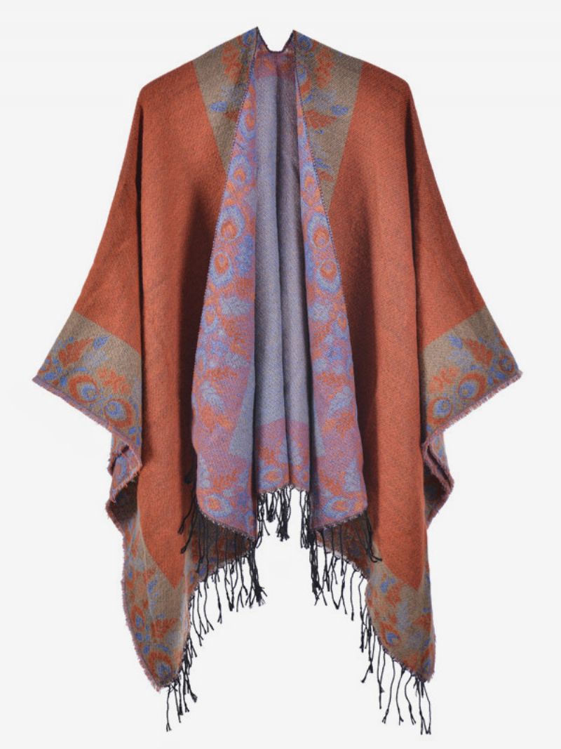 Kvinnors Bohemian Fringe Cape Printed Oversized Höst Vinter Ponchos - Orange