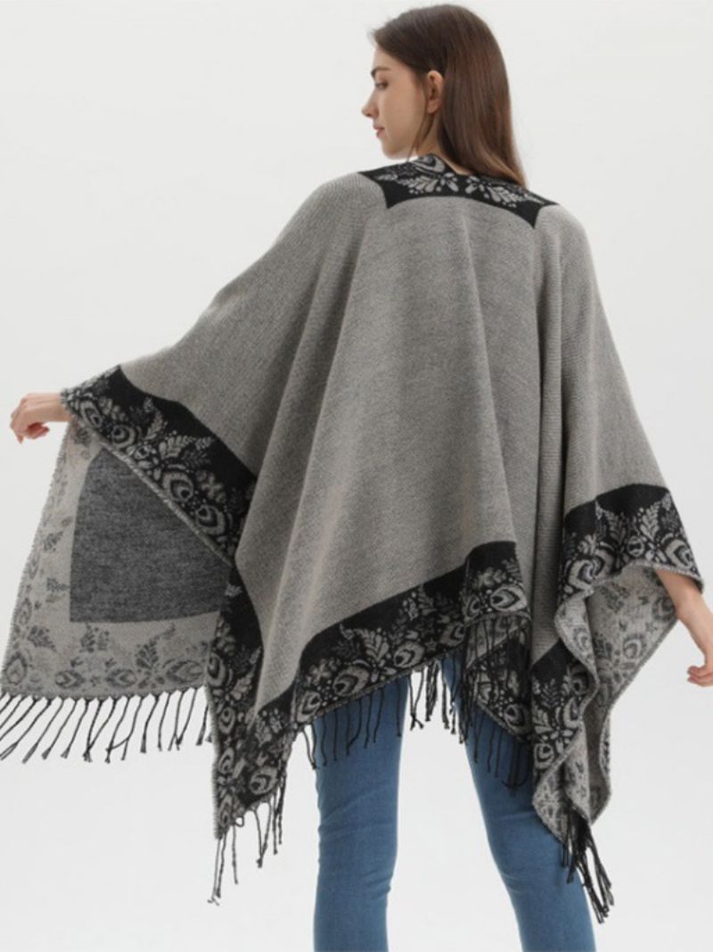 Kvinnors Bohemian Fringe Cape Printed Oversized Höst Vinter Ponchos - Svart