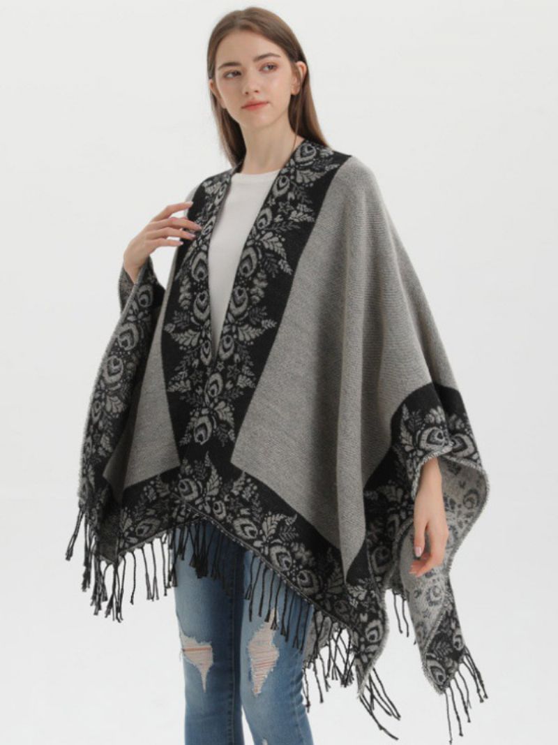 Kvinnors Bohemian Fringe Cape Printed Oversized Höst Vinter Ponchos - Svart