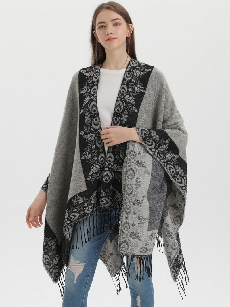 Kvinnors Bohemian Fringe Cape Printed Oversized Höst Vinter Ponchos - Svart