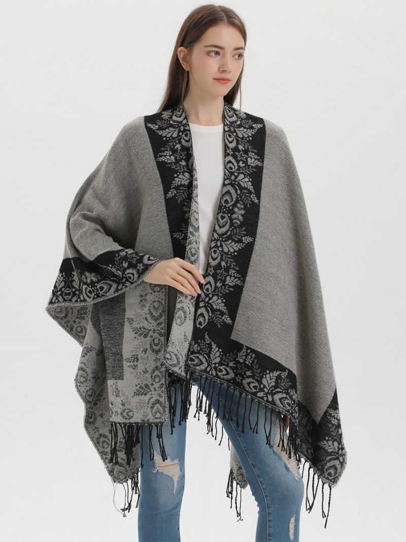 Kvinnors Bohemian Fringe Cape Printed Oversized Höst Vinter Ponchos - Svart