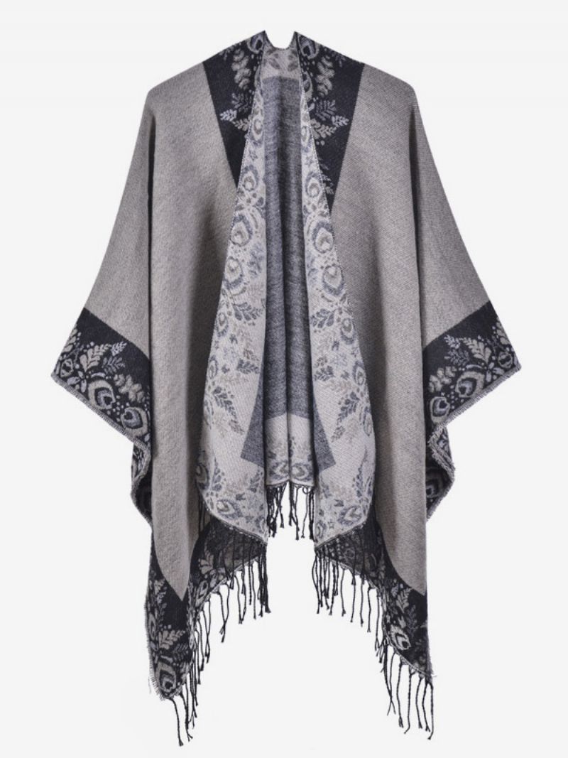 Kvinnors Bohemian Fringe Cape Printed Oversized Höst Vinter Ponchos - Svart