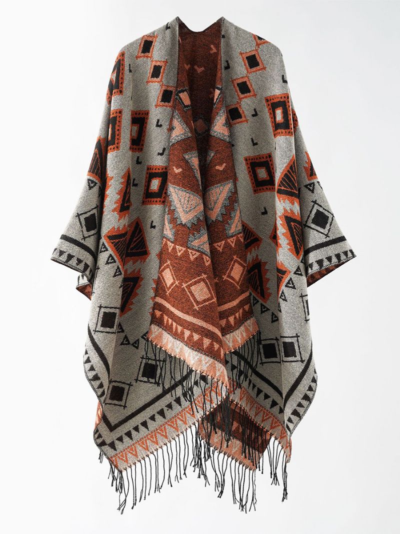 Kvinnors Geometriska Tryck Poncho Daily Casual Cape Med Fransar - Grå