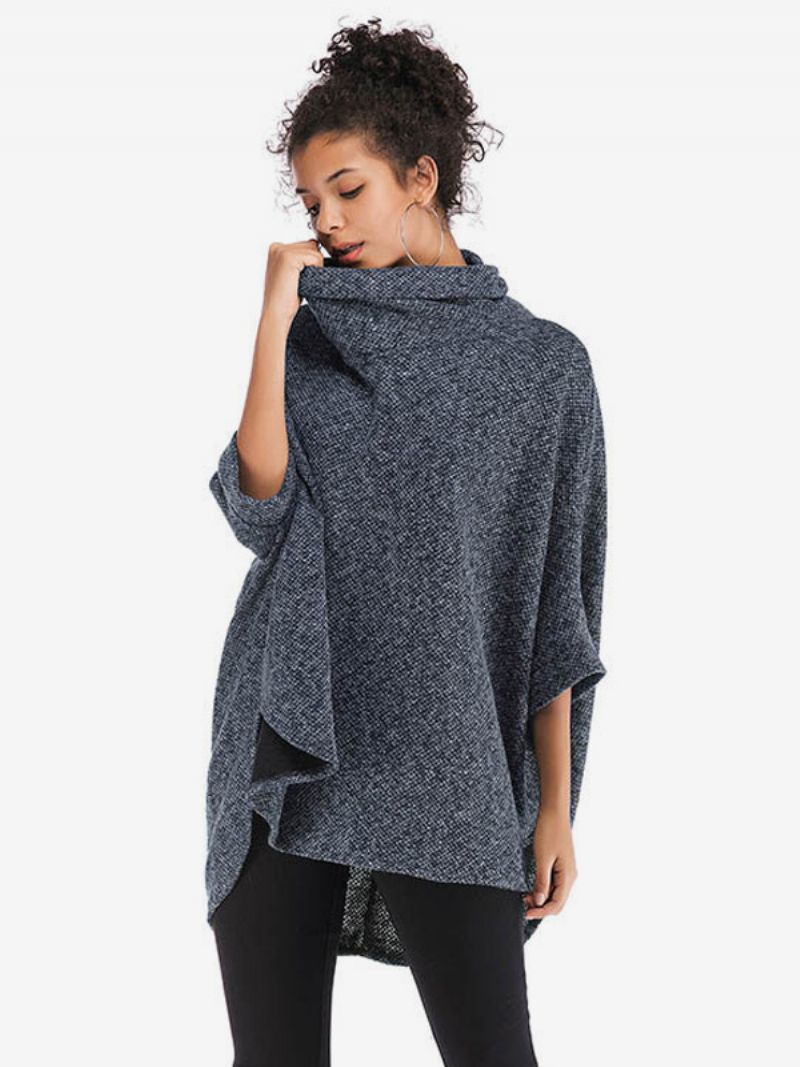 Kvinnors Halvärmar Cape Hög Krage Oversized Casual Elegant Poncho - Mörk Marinblå