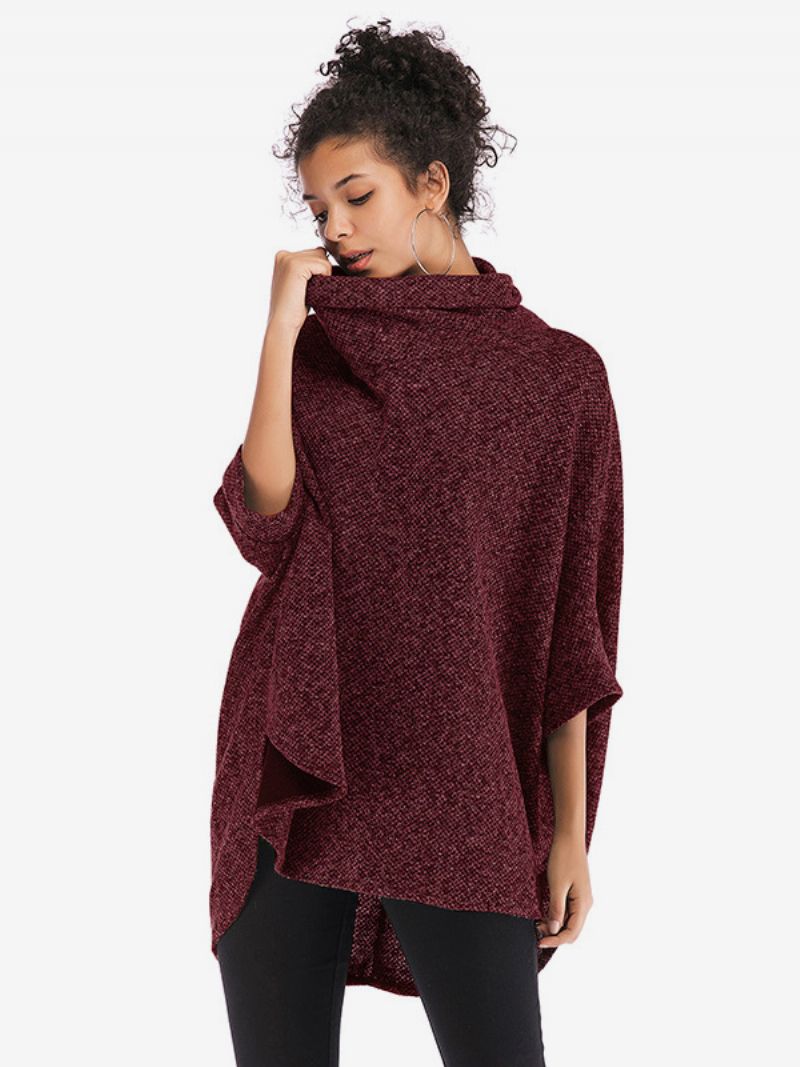 Kvinnors Halvärmar Cape Hög Krage Oversized Casual Elegant Poncho - Burgogne