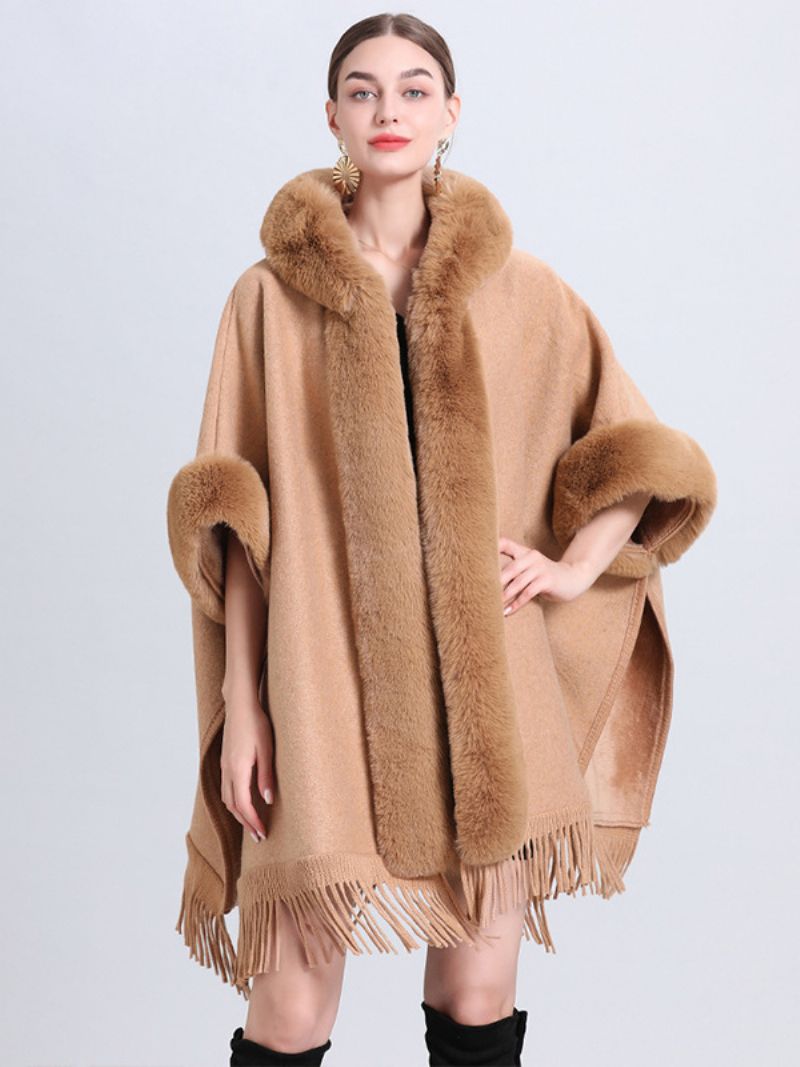 Kvinnors Jul Cape Coat Hooded Pläd Fringe Vinter Poncho Ytterkläder - Kamel