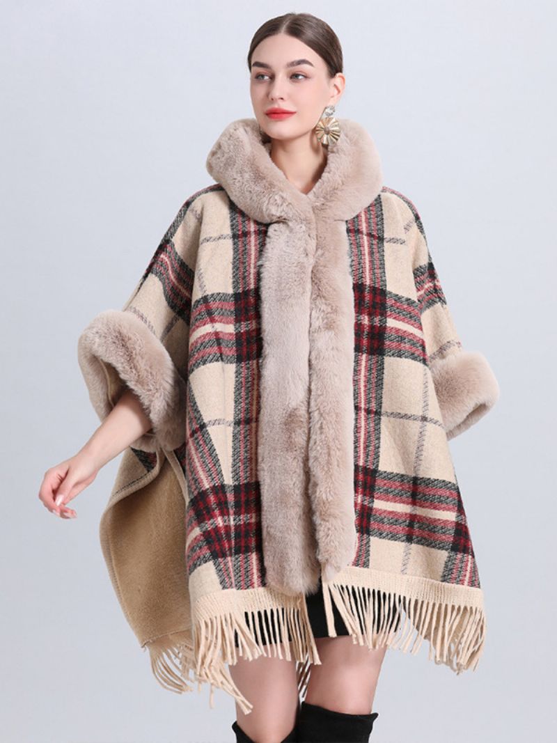 Kvinnors Jul Cape Coat Hooded Pläd Fringe Vinter Poncho Ytterkläder - Beige