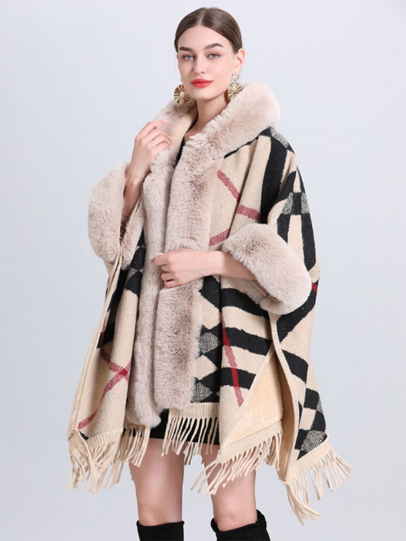 Kvinnors Jul Cape Coat Hooded Pläd Fringe Vinter Poncho Ytterkläder - Svart