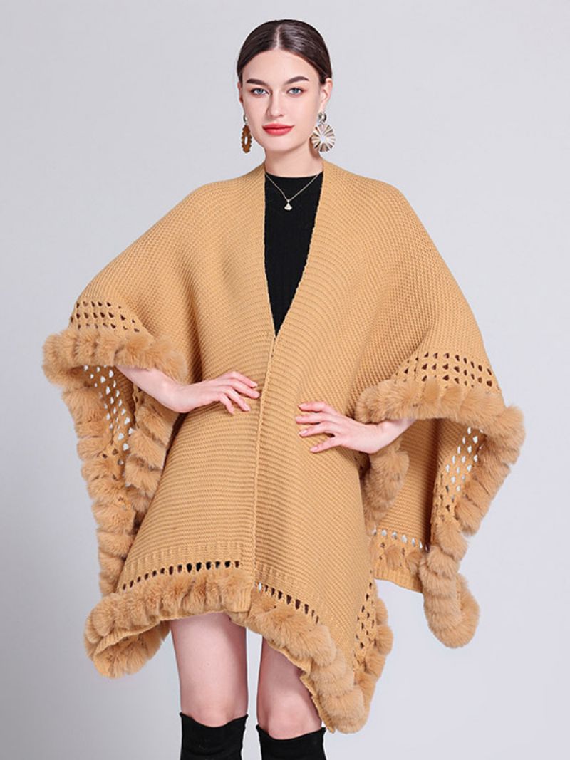 Kvinnors Oversized Poncho V-hals Utskuren Franskant Enfärgad Cape