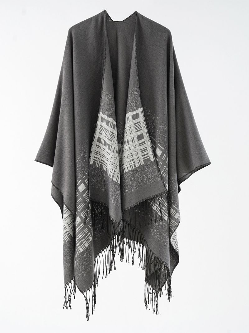 Kvinnors Rutig Poncho Vår Höst Daglig Casual Med Fransar - Deep Grey