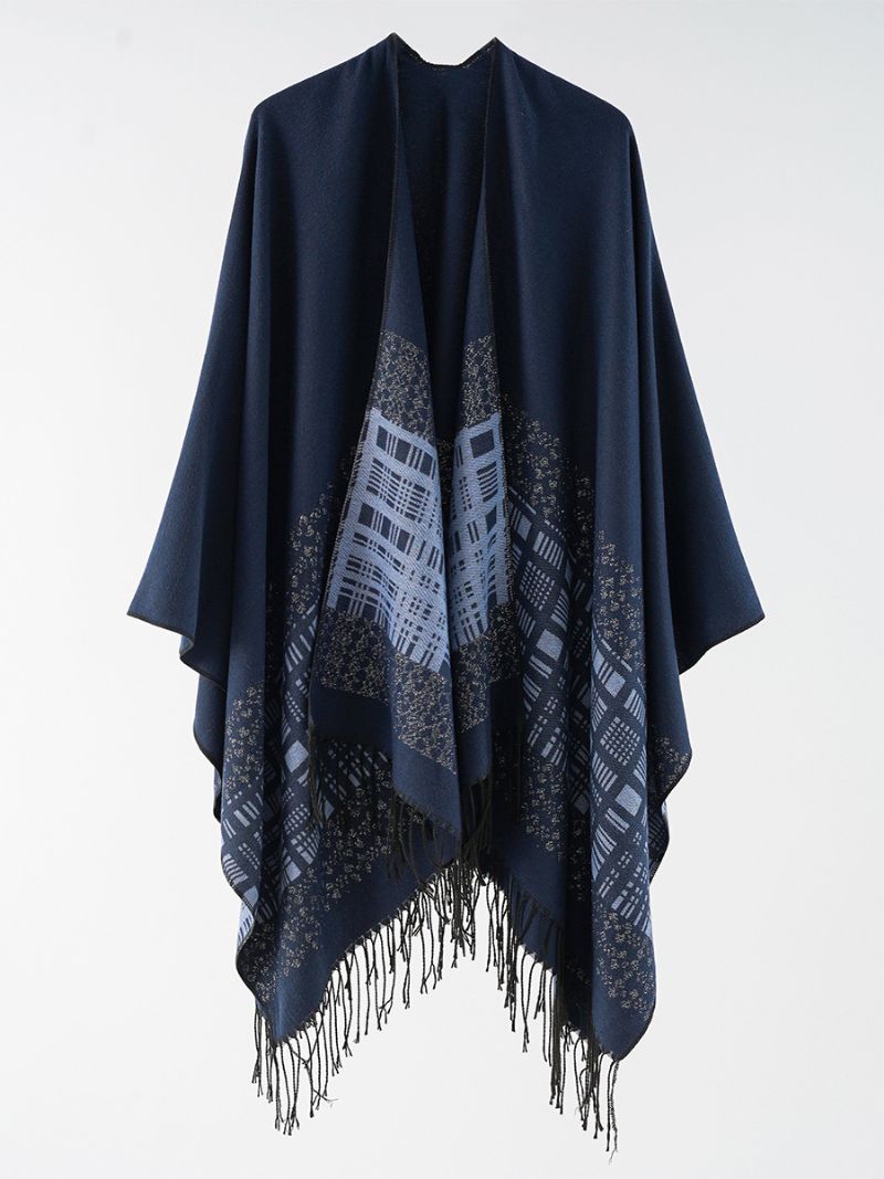 Kvinnors Rutig Poncho Vår Höst Daglig Casual Med Fransar - Dark Navy