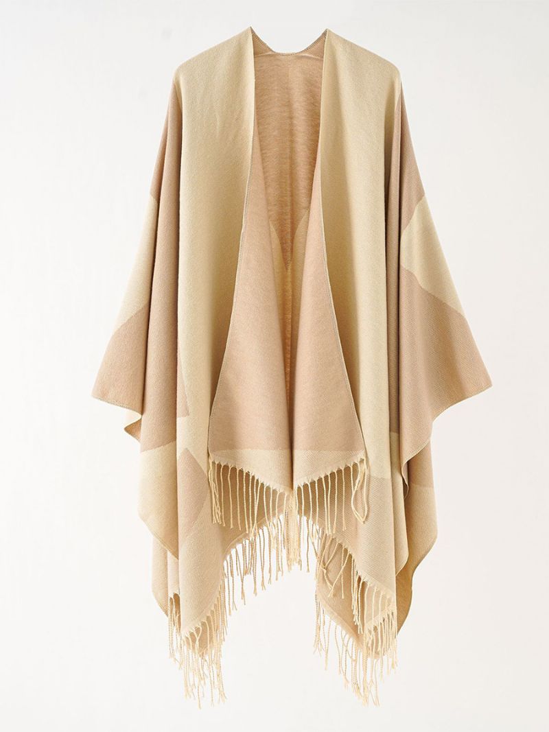 Kvinnors Tvåfärgade Cape Daily Causal Poncho Med Fransar - Khaki