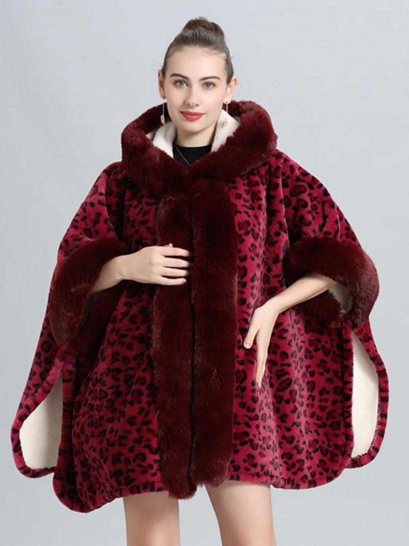 Ponchorock För Kvinnor Leopard Hooded Cape Vinter Ytterkläder - Bourgogne