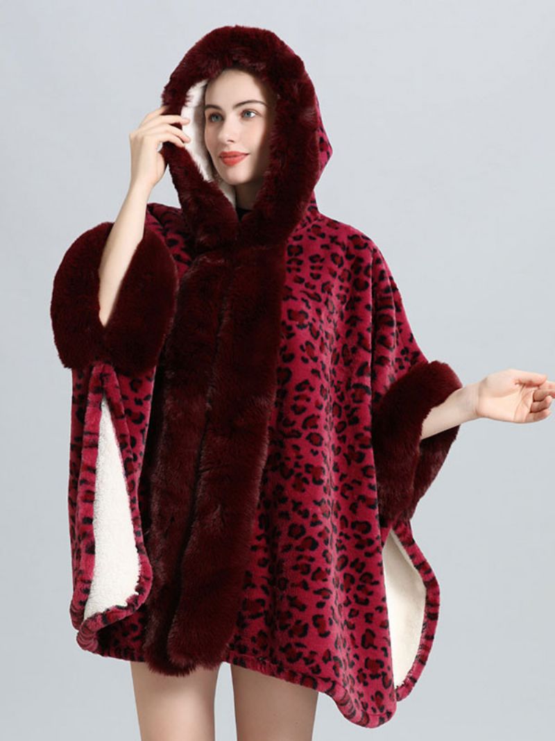 Ponchorock För Kvinnor Leopard Hooded Cape Vinter Ytterkläder - Bourgogne