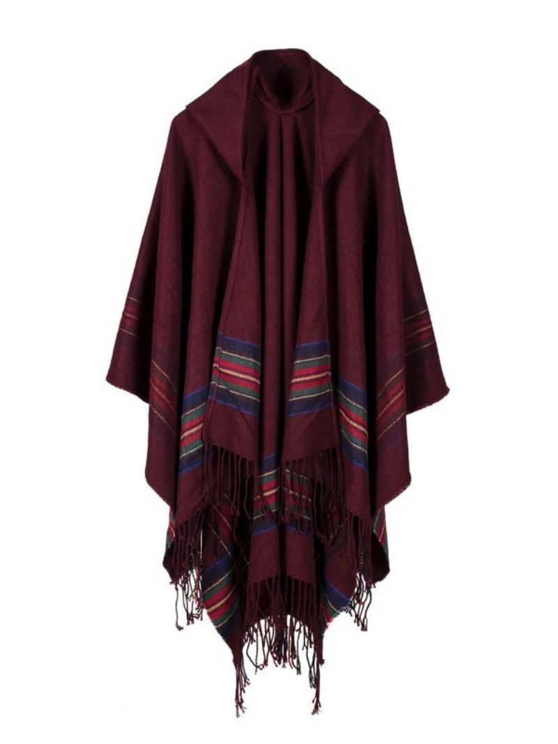 Sjal Wrap Bohemian Hooded Fringe Poncho Cardigan Kap För Kvinnor - Vinröd