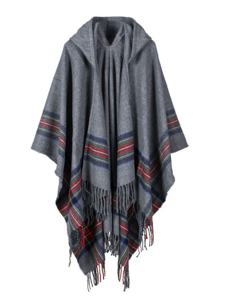 Sjal Wrap Bohemian Hooded Fringe Poncho Cardigan Kap För Kvinnor - Grå