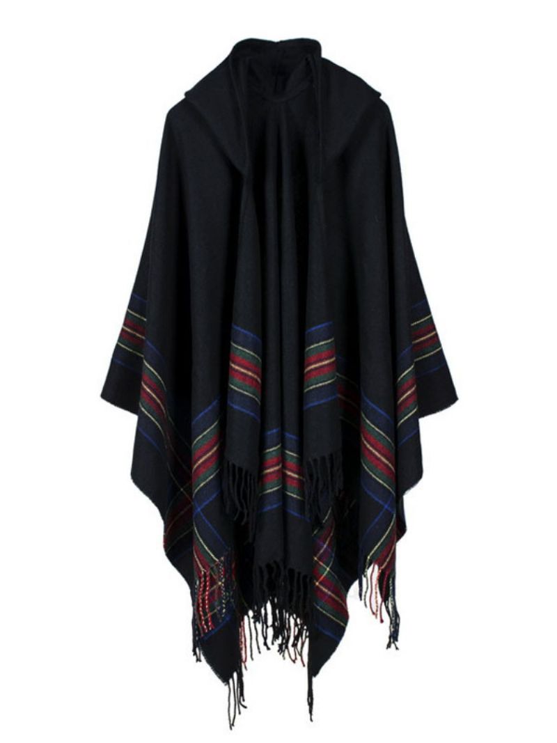 Sjal Wrap Bohemian Hooded Fringe Poncho Cardigan Kap För Kvinnor - Svart