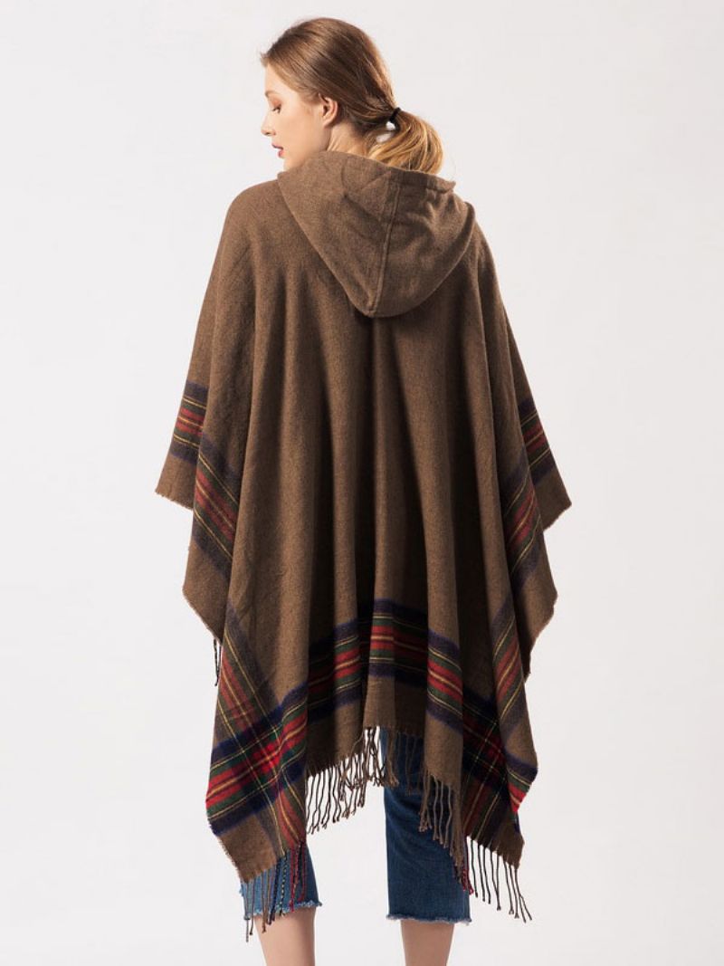 Sjal Wrap Bohemian Hooded Fringe Poncho Cardigan Kap För Kvinnor - Khaki