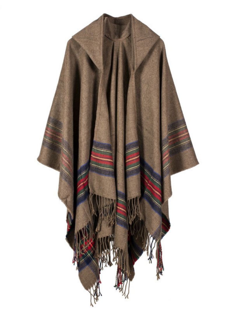 Sjal Wrap Bohemian Hooded Fringe Poncho Cardigan Kap För Kvinnor - Khaki