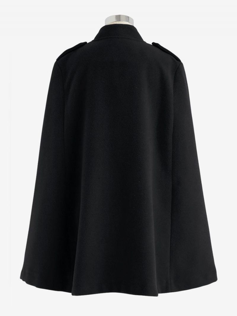 Svart Poncho Coat Dubbelknäppt Cape Spring Ytterkläder För Kvinnor - Svart