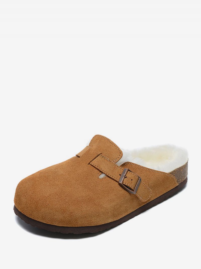 Sandaler För Män Slip-on Color Block Kohud Trä Justerbar Rem Spänne Pälstofflor Platta - Kaffebrun