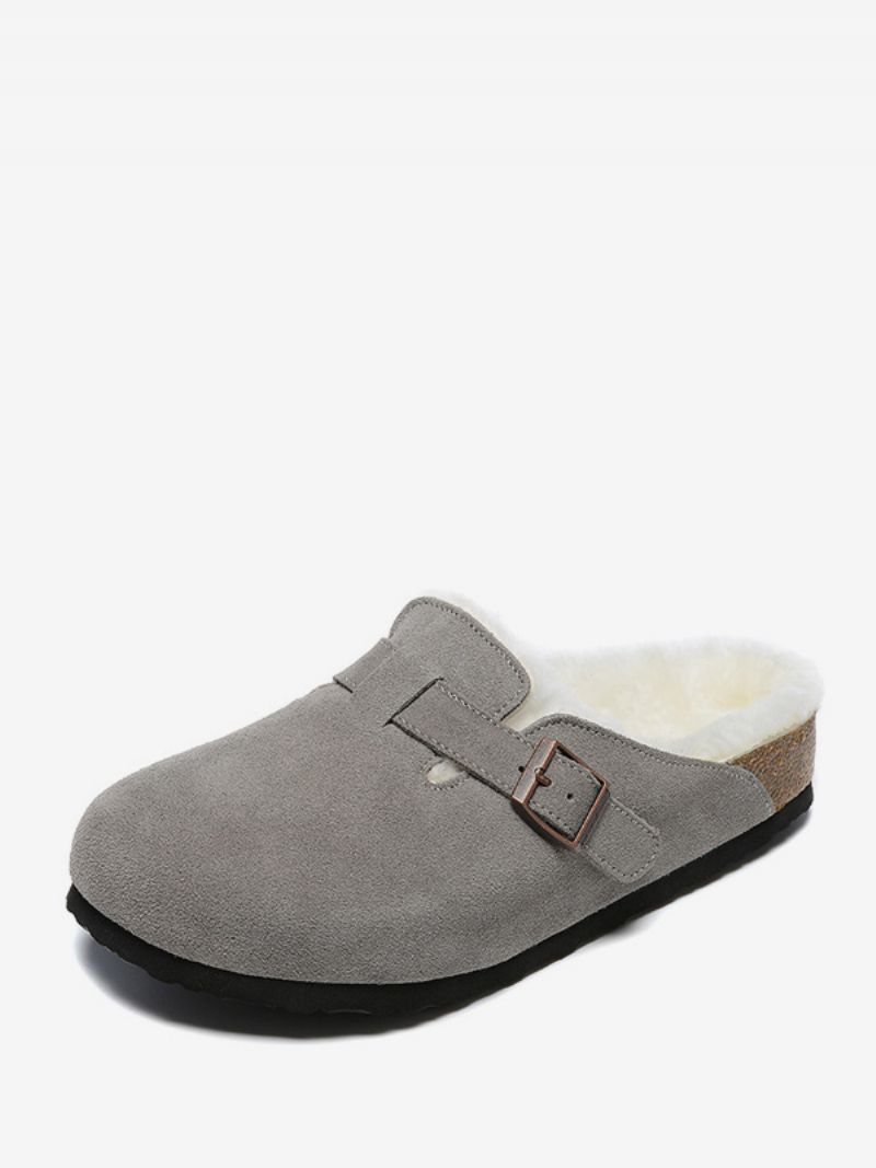 Sandaler För Män Slip-on Color Block Kohud Trä Justerbar Rem Spänne Pälstofflor Platta - Grå