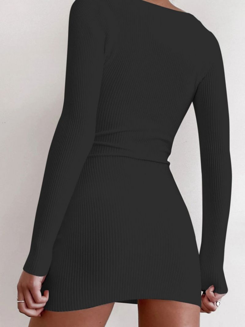 Kvinnor Tröja Klänningar Vit V-hals Casual Bodycon Långärmad Stickad Pencil Dress - Svart