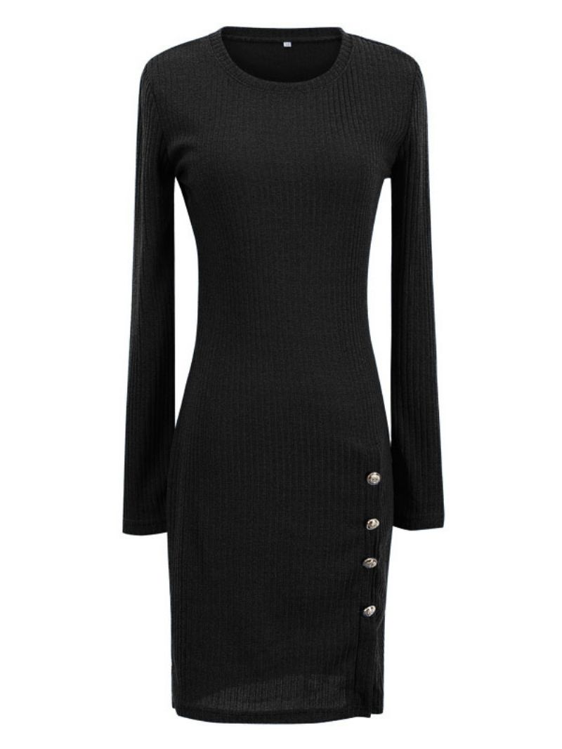 Kvinnors Långärmade Bodycon Klänning Blå Jewel Neck Knappar Pencil Wrap Klänningar - Svart