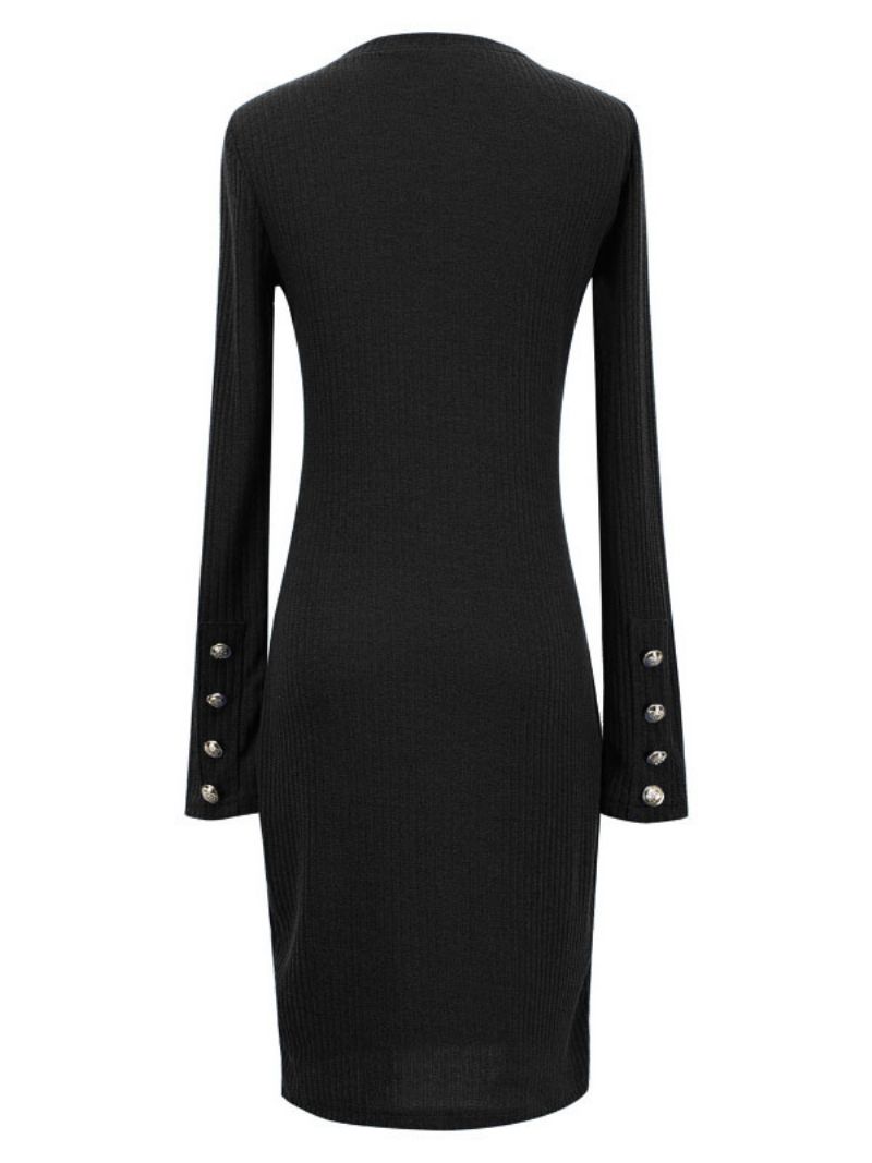 Kvinnors Långärmade Bodycon Klänning Blå Jewel Neck Knappar Pencil Wrap Klänningar - Svart