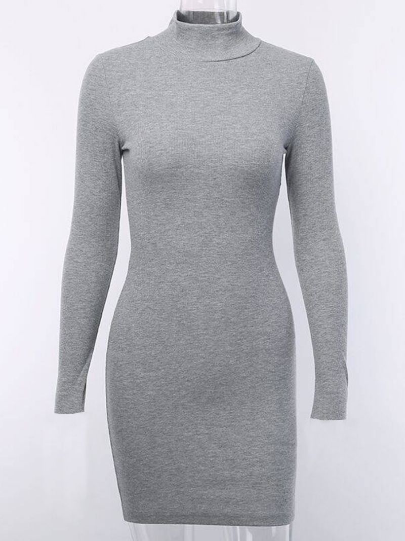 Kvinnors Stickad Bodycon Klänning Mock Neck Långa Ärmar Casual Slida Mini Klänningar - Grå