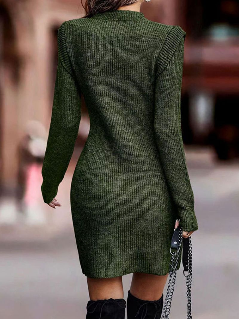 Kvinnors Stickad Klänning Långärmad Jewel Neck Fall Mini Bodycon Dress - Hunter Green