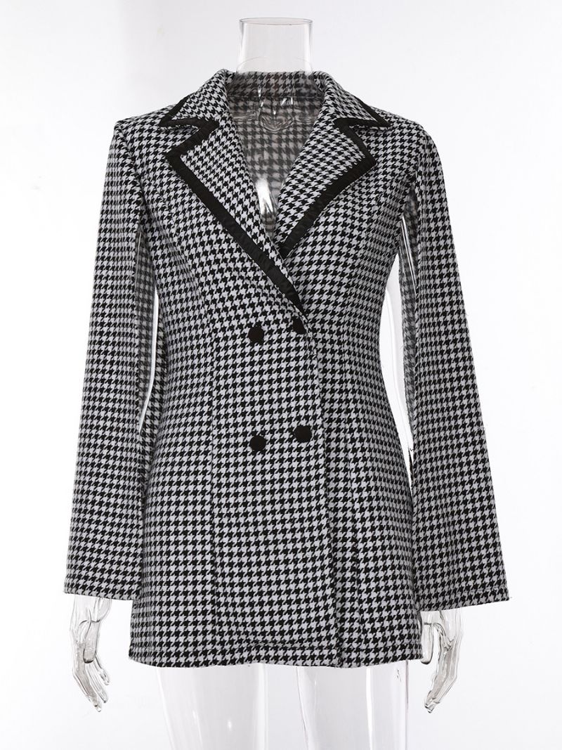 Houndstooth Kavaj För Kvinnor Med V-ringad Skärp Långärmad Business Casual Jacka - Svart