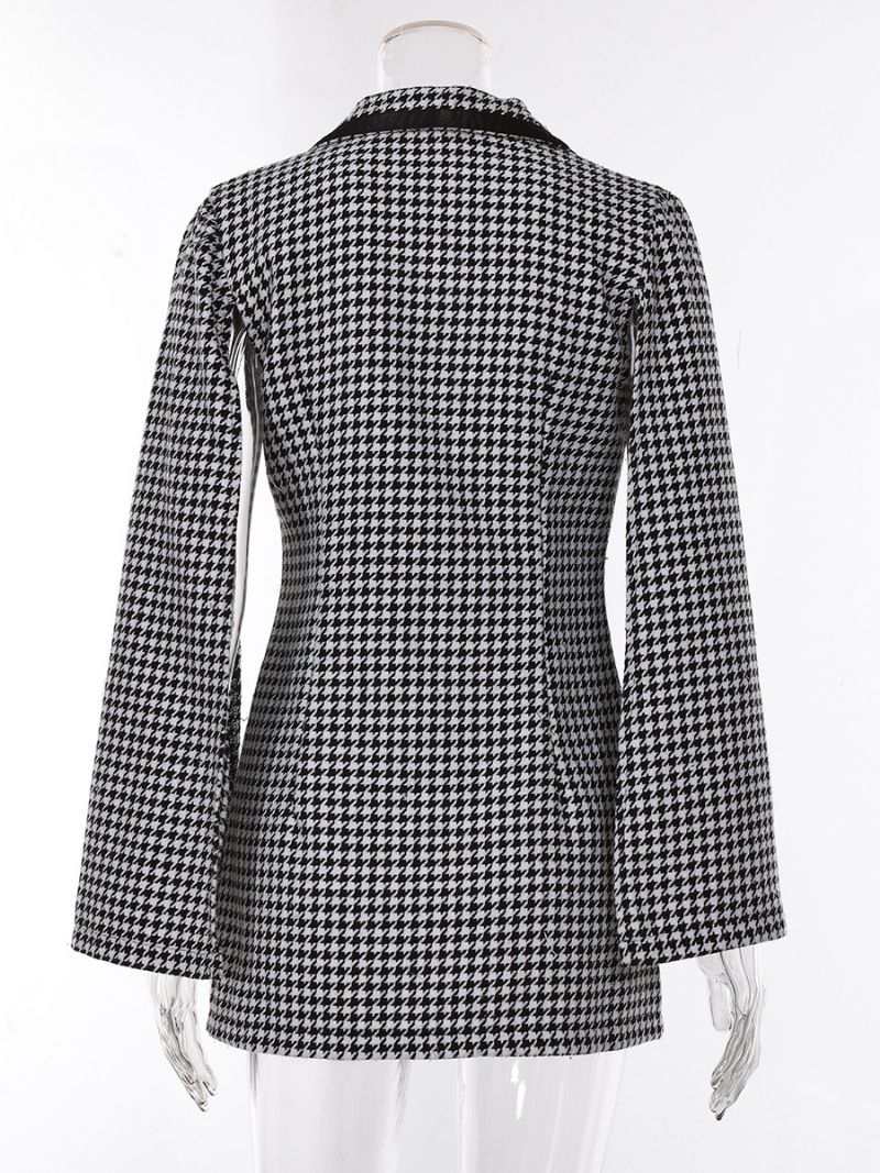 Houndstooth Kavaj För Kvinnor Med V-ringad Skärp Långärmad Business Casual Jacka - Svart