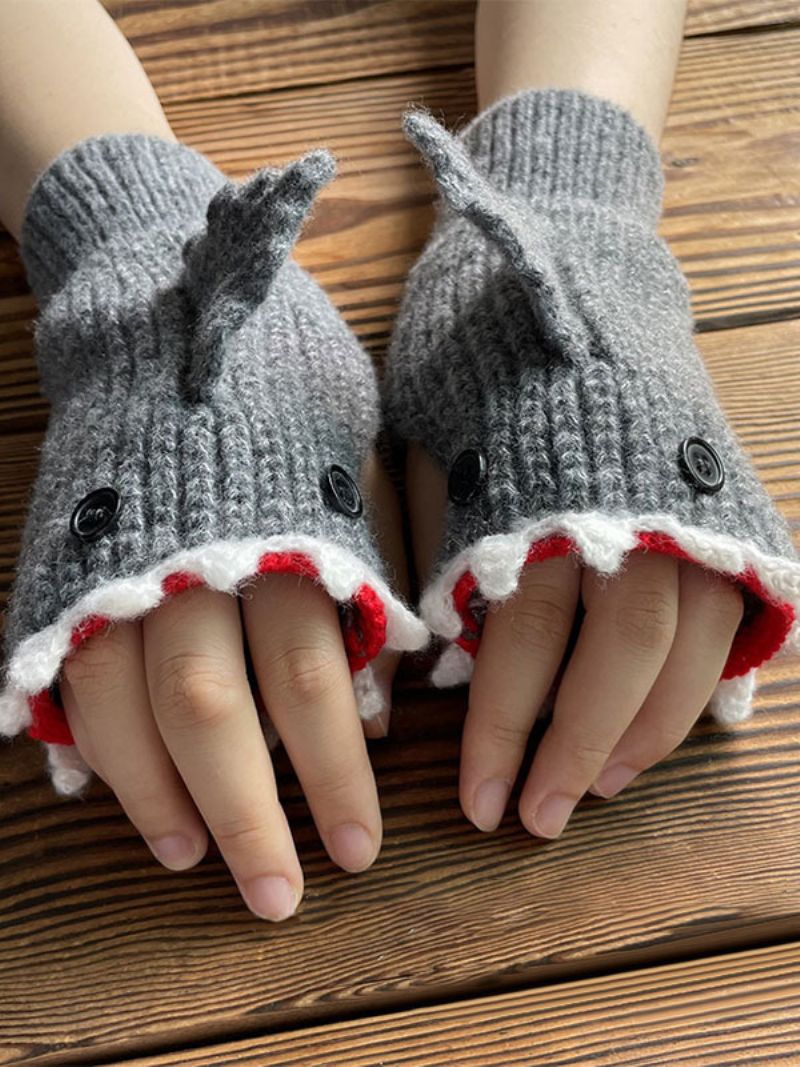 Handskar För Kvinnor Animal Print Virkad Shark Form Fingerless Home Wear Winter Warm Cute Acc - Grå