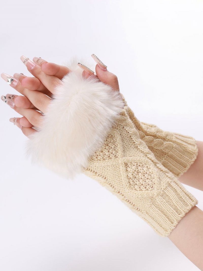 Handskar För Kvinnor Pom Poms Fingerless Winter Warma Stickade - Beige