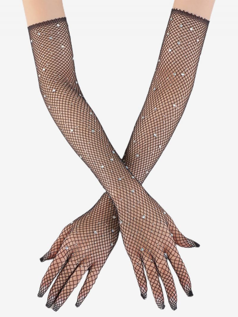 Rhinestone Mesh Arm Sleeve Bling Fishnet Långa Handskar För Kvinnor