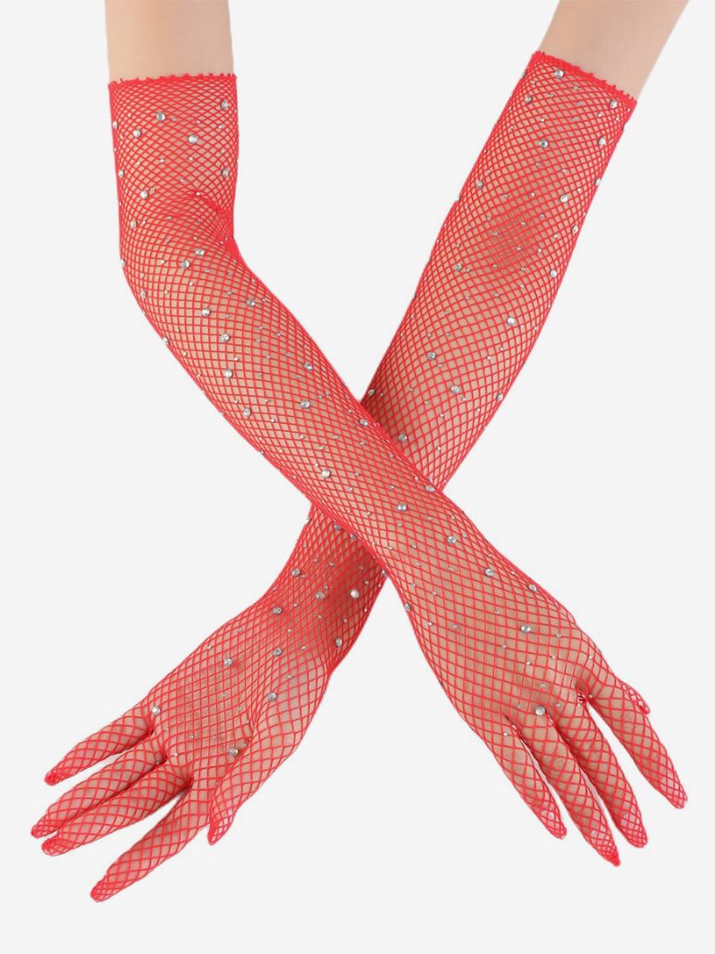 Rhinestone Mesh Arm Sleeve Bling Fishnet Långa Handskar För Kvinnor - Röd