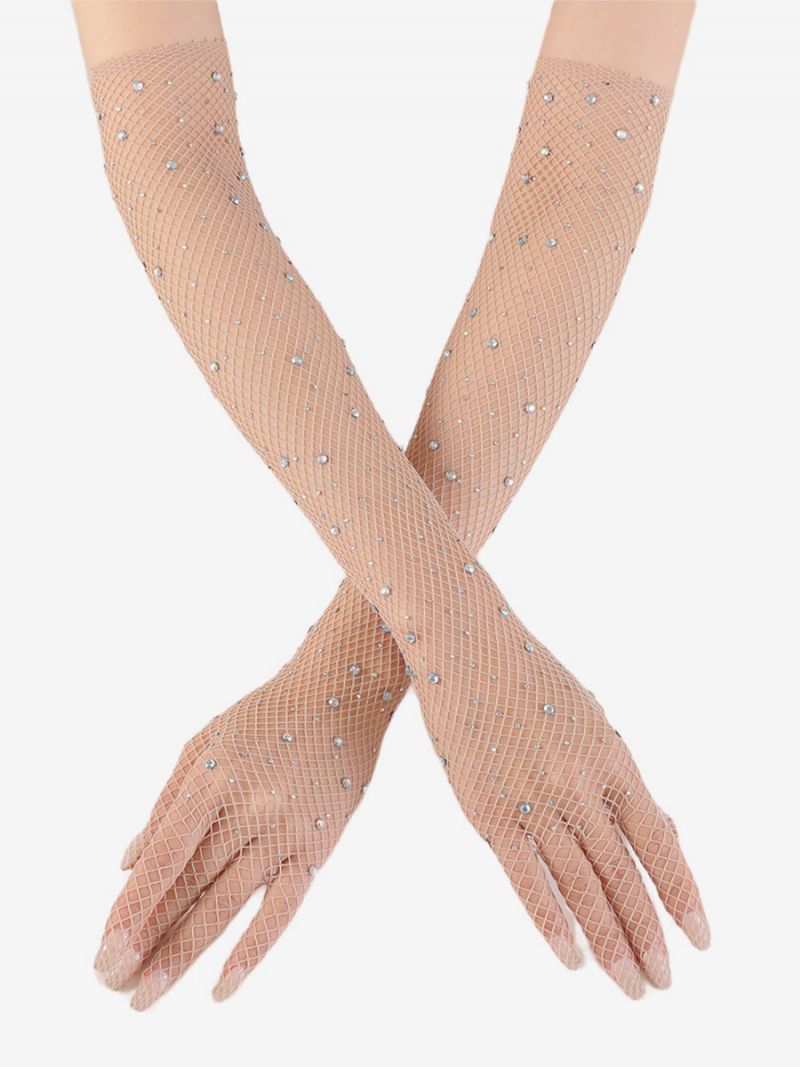 Rhinestone Mesh Arm Sleeve Bling Fishnet Långa Handskar För Kvinnor - Beige