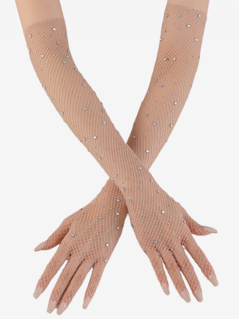 Rhinestone Mesh Arm Sleeve Bling Fishnet Långa Handskar För Kvinnor - Beige