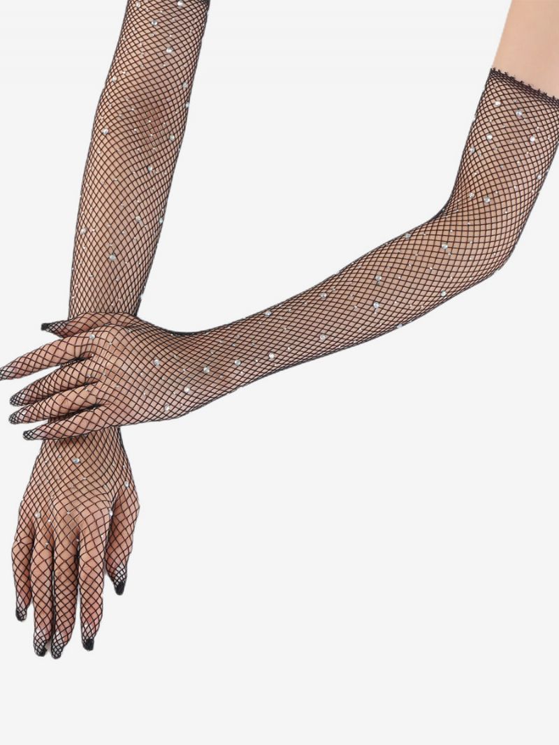 Rhinestone Mesh Arm Sleeve Bling Fishnet Långa Handskar För Kvinnor - Svart