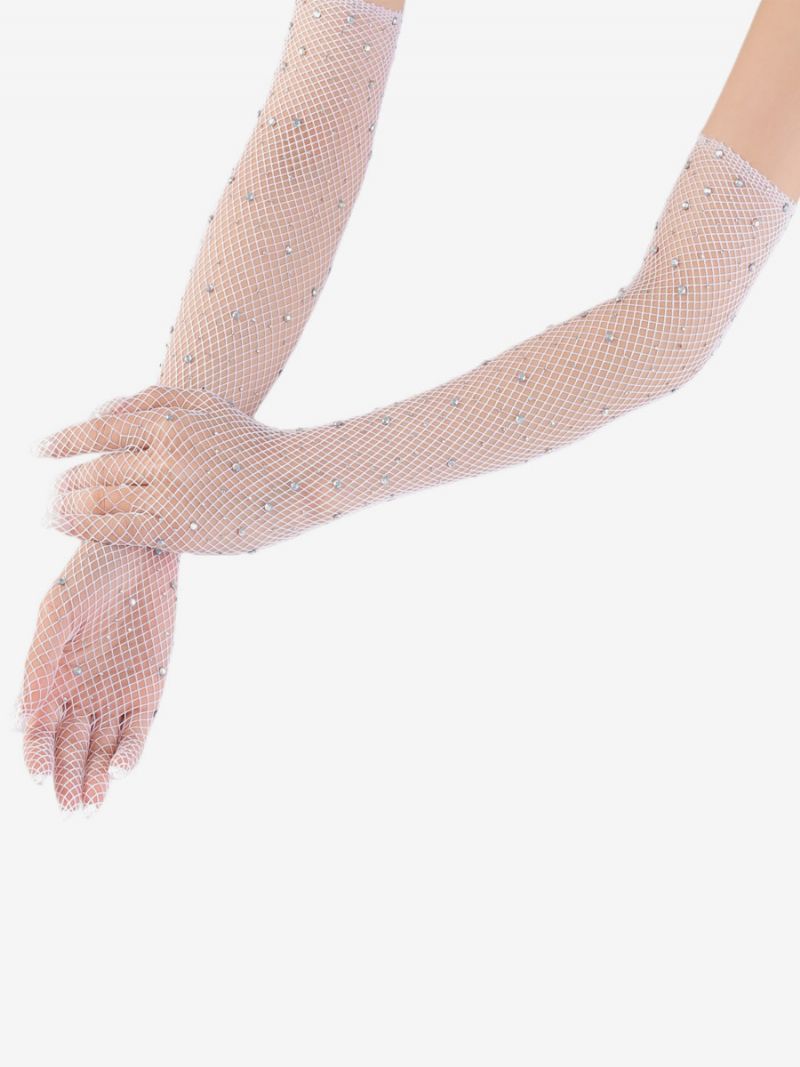 Rhinestone Mesh Arm Sleeve Bling Fishnet Långa Handskar För Kvinnor - Vit