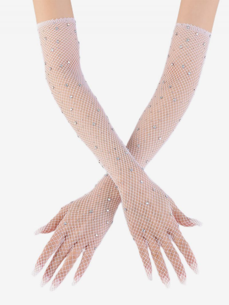 Rhinestone Mesh Arm Sleeve Bling Fishnet Långa Handskar För Kvinnor - Vit