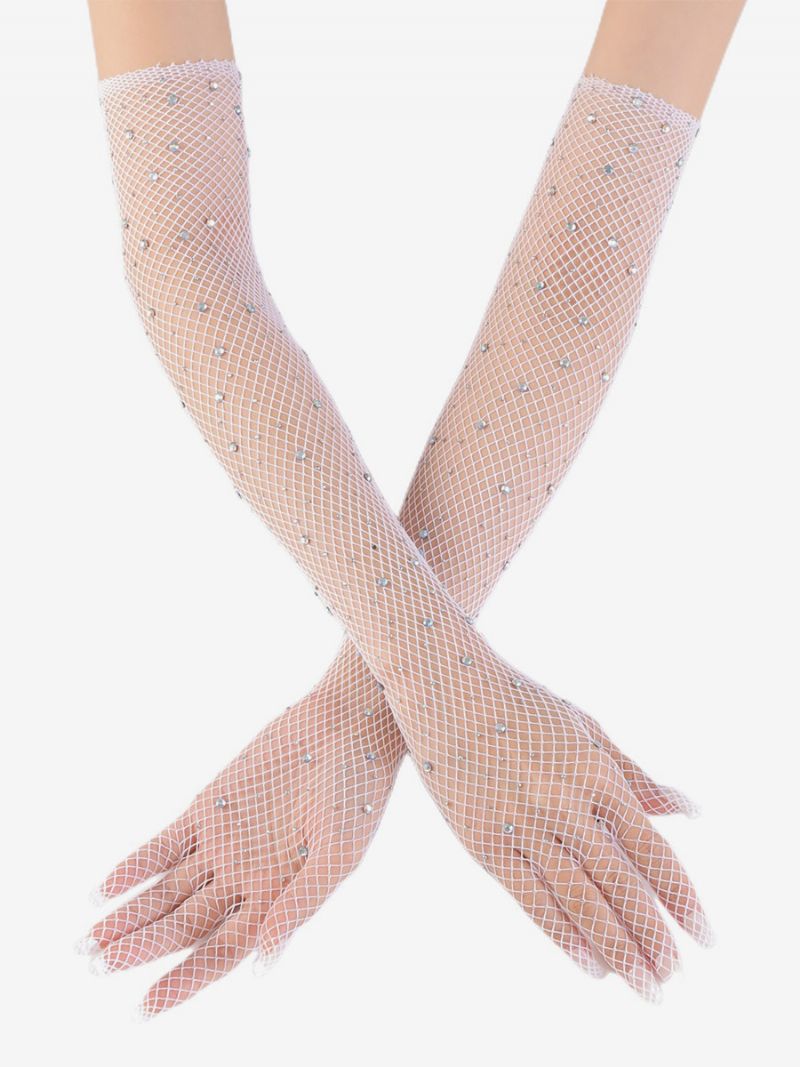 Rhinestone Mesh Arm Sleeve Bling Fishnet Långa Handskar För Kvinnor - Vit