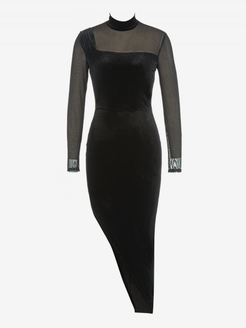 Kvinnors Sammetsklänning Asymmetrisk Illusion Halsringning Långärmad Bodycon Maxiklänningar - Svart