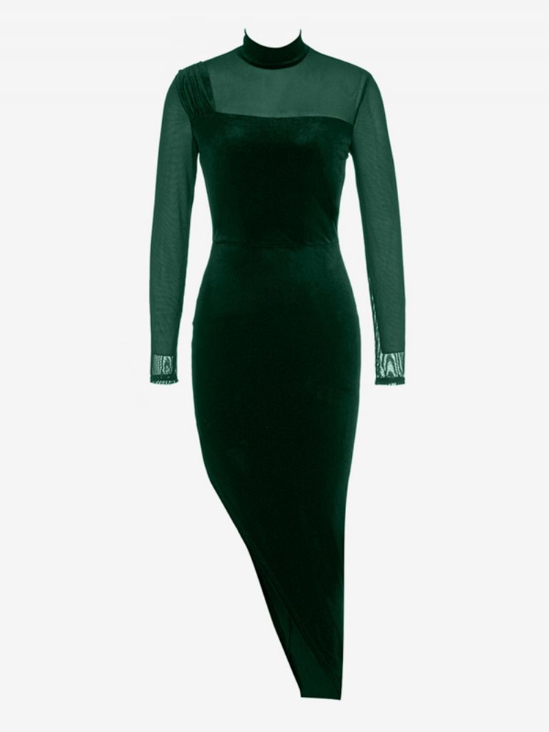 Kvinnors Sammetsklänning Asymmetrisk Illusion Halsringning Långärmad Bodycon Maxiklänningar - Mörkt Grönt